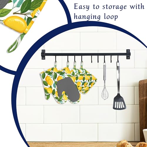 Yellow Lemon Pot Holders and Oven Mitts Set Silicone Tropical Summer Fruit Kitchen Gloves Potholders Heat Resistant Washable,Chef Cooking Baking Gifts for Women Men Bakers Lover Cooks - color: Yellow Lemon,tropical Summer Fruit
