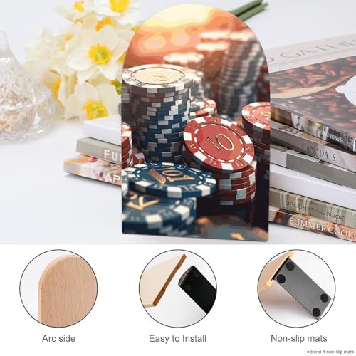Casino Chips Book Ends for Shelves Heavy Duty Non-Slip Wooden Bookends with Metal Base Modern Decorative Wooden Book Holders Book Stopper for Home Office And Library,Books Shelf Holder Organizer Acces