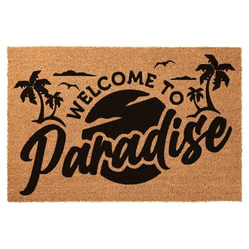 Funny Coir Doormat Welcome to Paradise Sun Sky Palm Tree Front Porch Decor Mat with Heavy-Duty Backing Non Slip Outdoor 23.6 x 15.7 inch - color: Welcome to Paradise Sun Sky Palm Tree