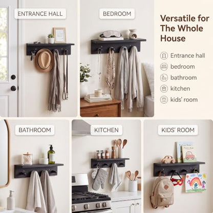 1 Pack Walnut Wood Entryway Coat Rack with Shelf & 4 Hooks