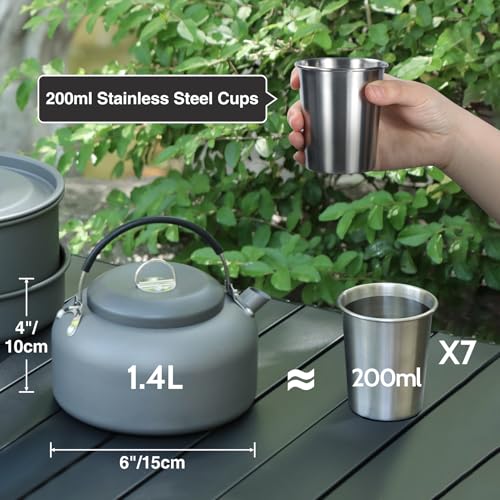 REDCAMP 6/10/11/12/14/15/19 PCS Camping Cookware Mess Kit Camping Gear Campfire Utensils Lightweight Stackable Pot Pan Bowls Soup Spoon with Storage Bag for Camping, Backpacking, Outdoor Cooking - style: Grey,16pcs W/Kettle