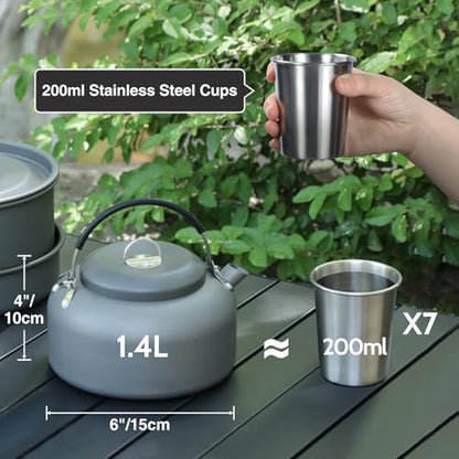 REDCAMP 6/10/11/12/14/15/19 PCS Camping Cookware Mess Kit Camping Gear Campfire Utensils Lightweight Stackable Pot Pan Bowls Soup Spoon with Storage Bag for Camping, Backpacking, Outdoor Cooking - style: Grey,16pcs W/Kettle
