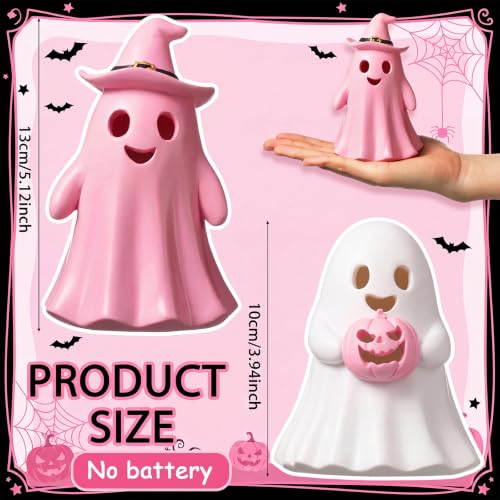 Fumete 2 Pcs Pink Ghost Halloween Decorations - Aesthetic Spooky Resin Light up Cute Ghost Couple with Witch Hat and Pumpkin, Halloween Indoor Figurines for Mantel, Shelf & Tabletop Home Party Decor - style: Pink Ghosts