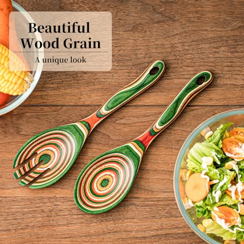 Gudamaye Pakkawood Wooden Salad Server Set,10.5 inch Salad Tongs for Serving including Salad Mixing Dinner Fork and Spoon,Long Handle Salad Server Set - color: Green