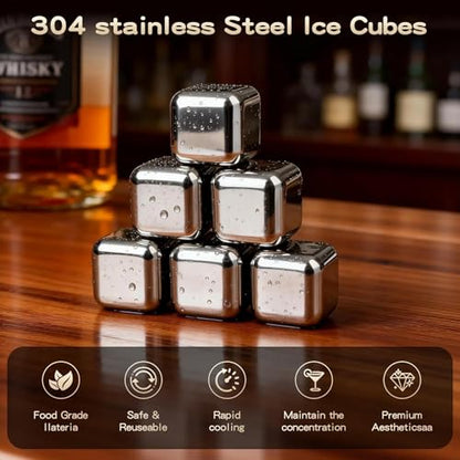 Wooden Whiskey Cup Gift Set with 6 Whiskey Stones | Includes 2 handcrafted wooden whiskey cups,6 stainless steel whiskey stones,gift box,coasters and tongs