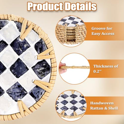 Boho Coastal Coasters Set of 6, Handwoven Rattan Coasters with Holder - Drink Coaster for Coffee Table, Boho Coaster for Home Decor, Rattan & Mother of Pearl, 4 Inch(Checkered Pattern) - style: Checkered Pattern