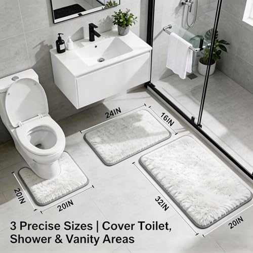 Shaggy Bathroom Rugs Set Plush Velvet Bath Rugs Non-Slip Bath Mat Set 3 Piece,Washable Mats,Absorbent Shaggy Rugs Super Soft U-Shaped Toilet Rug,Bahroom Carpets for Bathroom,Tub,Shower(White - color: White