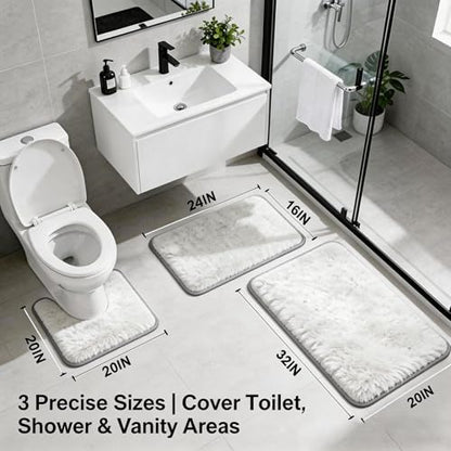 Shaggy Bathroom Rugs Set Plush Velvet Bath Rugs Non-Slip Bath Mat Set 3 Piece,Washable Mats,Absorbent Shaggy Rugs Super Soft U-Shaped Toilet Rug,Bahroom Carpets for Bathroom,Tub,Shower(White - color: White