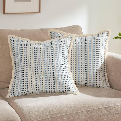 Embroidered Throw Pillow Cover Set of 2, Spring Summer Boho Farmhouse Decorative Pillow Case with Tassels, Textured Cushion Cases for Sofa Living Room Home Decor (Blue, 22" x 22") - color: Blue, size: 22" x 22" (Pack of 2)