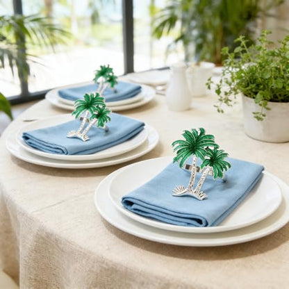 Palm Tree Napkin Rings Set of 6 Tropical Coastal Napkin Holder Ring for Spring Party Summer Wedding Decor,Green Coconut Tree Dining Table Setting for Hawaii Holiday Gatherings & Beach House - style: Palm Tree