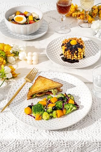 FOBENTA 18 Piece Embossed Dinnerware Sets for 6, Scratch-Resistant Plates and Bowls Sets, Microwave & Dishwasher Safe, Elegant Stoneware for Family Gatherings – A Gift for Growing Households - size: Service for 6 (18pcs)