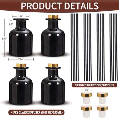 4 Pack Perfume Reed Diffuser Bottle,Empty Big Belly Aromatherapy Essential Oil Bottles Glass Jar with Black Sticks for DIY Fragrance Replacement Diffuser Sets (150ml/ 5 oz, Black Color) - color: Black( 5 Oz )