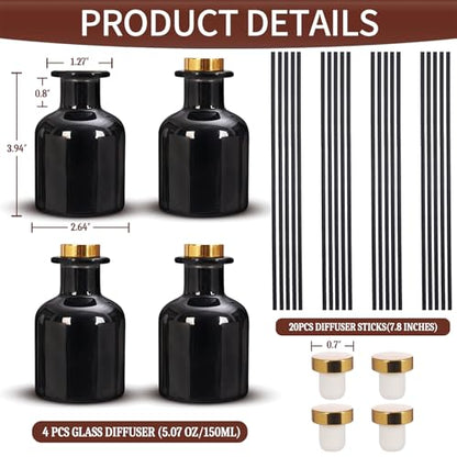 4 Pack Perfume Reed Diffuser Bottle,Empty Big Belly Aromatherapy Essential Oil Bottles Glass Jar with Black Sticks for DIY Fragrance Replacement Diffuser Sets (150ml/ 5 oz, Black Color) - color: Black( 5 Oz )