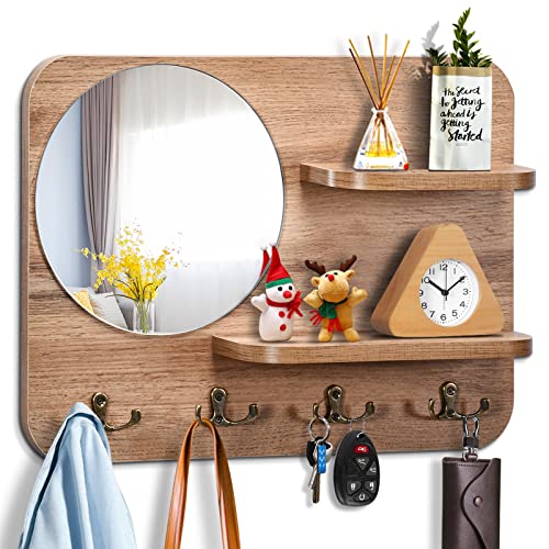 Key Holder For Wall With Shelf & Mirror Decorative Entryway Hook - color: Original Wood Color