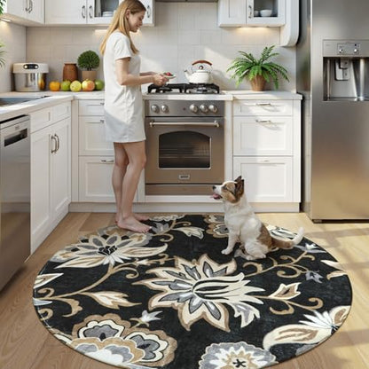 Lahome Floral Black Round Area Rug - 5Ft Washable Ultra-Thin Soft Bedroom Rug, Non-Slip Stain Resistant Circle Carpet for Living Room, Office, Dining Room, Paisley Print Accent Carpet | Ultra-Thin Soft Bedroom Rug, Non-Slip Stain Resistant Circle Carpet f