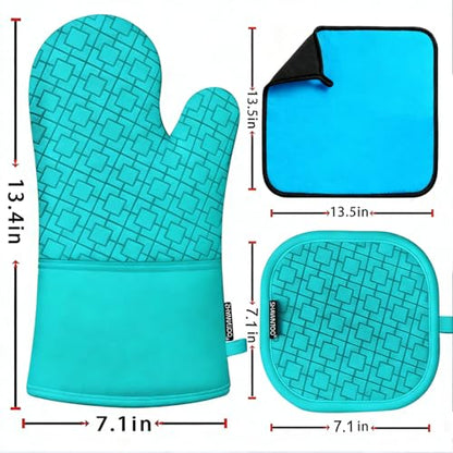 Oven Mitts and Pot Holders Sets 6pcs, Kitchen Oven Glove,High Heat Resistant 550 Degree Extra Long Oven Mitts and Potholders with Non-Slip Silicone Surface for Home Essentials (Grey) (Ice Blue) - color: Ice Blue
