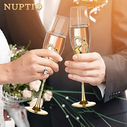 NUPTIO Gold Crystal Champagne Flutes, Wedding Gifts for Couple, Set of 2 | 6.76oz Rhinestone Rimmed Heart Toasting Glasses, Wine Cups for Anniversary, Engagement, Valentine's Day, Bridal Shower - color: Gold