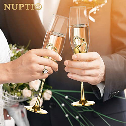 NUPTIO Gold Crystal Champagne Flutes, Wedding Gifts for Couple, Set of 2 | 6.76oz Rhinestone Rimmed Heart Toasting Glasses, Wine Cups for Anniversary, Engagement, Valentine's Day, Bridal Shower - color: Gold