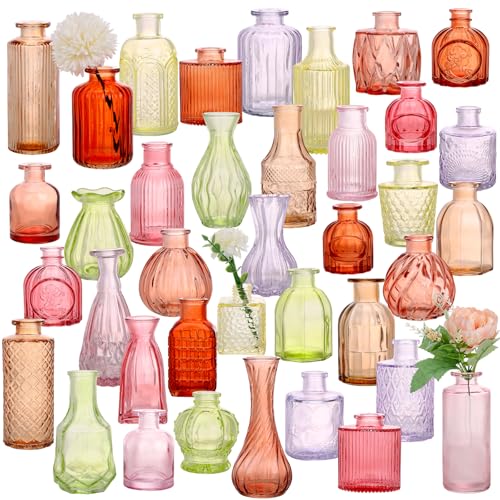 CUCUMI 38pcs Bud Vases for Centerpieces, Colorful Vintage Glass Vase Set | Small Colored Vintage Vases for Centerpieces, Decorative Flower Vases for Wedding Home Table Decor - color: Multicolor, size: 38pcs