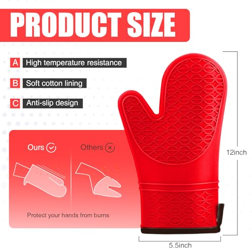 Silicone Oven Mitts, Heat Resistant 2PCS Oven Mitts with Soft Cotton Lining, Waterproof Non-Slip Grip Oven Glove, Kitchen Potholder Mits for BBQ, Baking, Cooking, 12.5 Inch - Red - color: Red