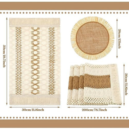 Xuhal 13 Pcs Boho Placemats and Table Runner Set Farmhouse Round/Rectangular Woven Placemats Cotton Macrame Table Runner 11.8 x 78.7 Inch Rustic Decor for Dining Kitchen Spring Tea Party - style: Stylish Style