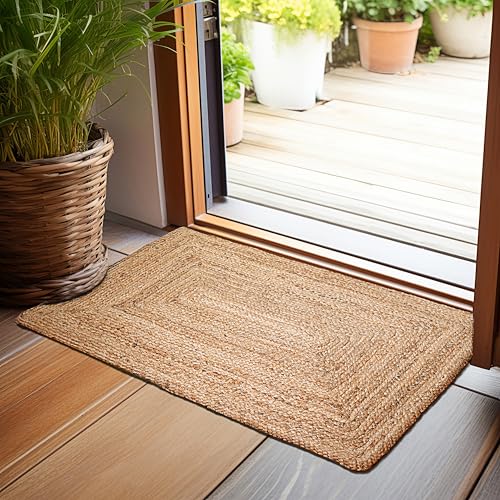 Hausattire Jute Braided Area Rug, Natural, 2x3 ft | 100% natural jute, hand woven, reversible, boho farmhouse style, entryway/kitchen/living room, indoor/outdoor - color: Natural, size: 2'x3'