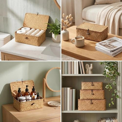 Wicker Handwoven Seagrass Storage Baskets for Organizing With Lids,boho rectangle decorative storage boxes, stackable natural rattan for Shelf,Closet,Bedroom,bathroom,three-piece set