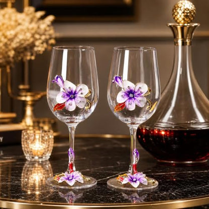 Comeon Flower Wine Glasses Hand Painted Wine Glasses Purple 2 Set (Purple) | Handmade Enamels Purple Floral Design, Gift Box, Long Stem Crystal Red Wine Glasses, Transparent Glass - color: Purple/ 2 set (gift box)