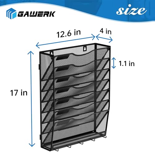 Gawerk Hanging Wall File Organizer with 5 Hooks - Wall Mounted Mail Paper Document Folder Holder, Sturdy Mesh Magazine Rack for Office Home (7+1 Tier) - size: 7+1 Tier
