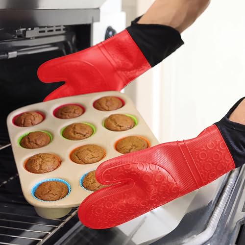 BPA-Free Soft Silicone Oven Mitts - Ultra Heat Resistant Oven Mitts with Thick Cotton Liner - Extra Long Slip Resistant Pot Holders, Flexible Oven Gloves - color: Canyon Red, size: 2-Piece 14.7" Oven Mitts