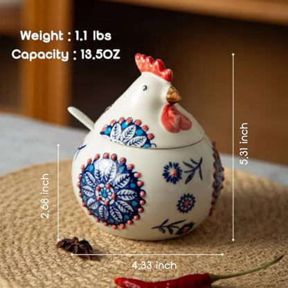 13.5 Oz Salt Cellar With Lid and Spoon (Blue)- Ceramic Chicken Spice Jars for Salt, Sugar, Pepper - Spice Containers for Countertop - color: Blue
