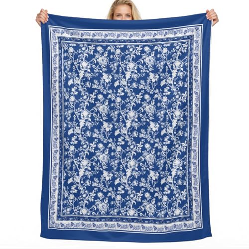 Navy Blue and White Floral Blanket Chinoiserie French Blue Fuzzy Soft Cozy Lightweight Flannel Blankets for Couch Bed Living Room, Decorative 80 x 60 Inch Blanket - color: Blue White Floral, size: 60"L x 80"W