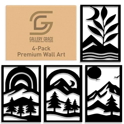 GALLERY GRACE 4-Pc Metal Mountain Landscape Wall Art, Black Wall Decor Set | 11 x 16 In Panels, Mountain, Tree and Sunrise Design, Minimalist Abstract Style, Ready to Hang, for Living Room or Bedroom - style: Abstract Landscape