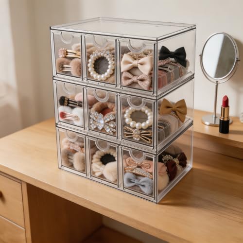 Prsildan Craft Art Supply Organizer Stackable Storage Drawer with 9 Drawers | Clear Acrylic, Tea Bag K Cup Organizer, for Kitchen Office Desk Vanity Makeup Organizer, 3 Pack - size: Stackable-9 Drawers