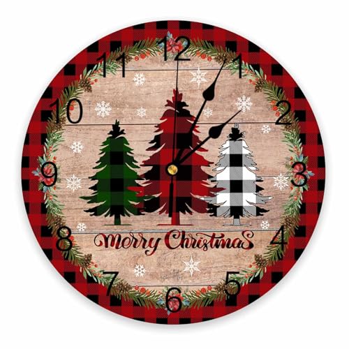 Christmas Silent PVC Wall Clock 10 Inch Red Black Buffalo Plaid Round Wall Clock Xmas Tree Snowflake Retro Wood Grain Hanging Clock for Kitchen Battery Operated Living Room Christmas Clock - color: Christmascbt5114, size: 10x10inch(25x25cm)