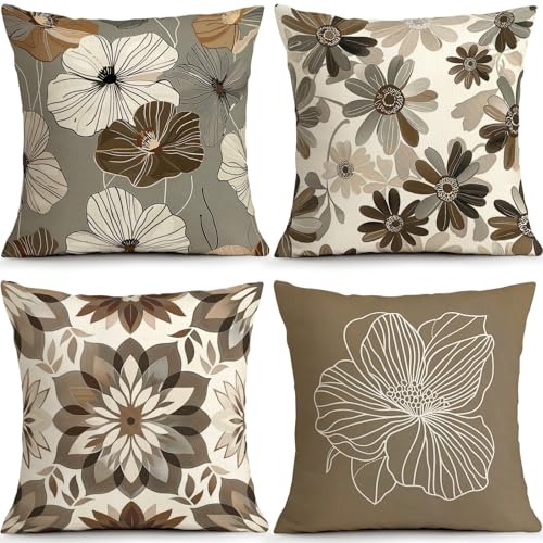 Brown Gray Geometric Floral Pillow Covers Set of 4, 18x18 Home Decor | Faux Linen Brown Gray Geometric Floral Pillow Covers Blend Modern Farmhouse Style Sofa Living Room Porch Decor - color: Flowers Geometric Brown Gray, size: 18" x 18" (Pack of 4)