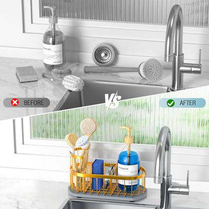 Sink Caddy Kitchen Sink Organizer, Sponge & Brush Holder, Stone Drying Mat - color: Gold