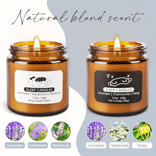 2 Pack Scented Candles Set|7 oz.Sleep Sweet Dream with Lavender,Geranium and Patchouli, Deep Sleep with Lavender,Chamomile Aromatherapy Candle,Long Lasting Time,Perfect Home Gifts for Men,Women | Lavender, Chamomile & Ylang-Ylang Natural Scented Candle Se