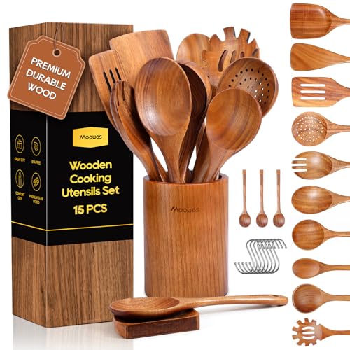 Mooues Wooden Kitchen Utensil Set, 15 Piece Natural Teak with Spoon Rest | Wooden Cooking Utensils with Comfort Grip, Smooth Durable Heat Resistant Cooking Spoons and Utensils Holder for Cooking - size: 15 PCS Set