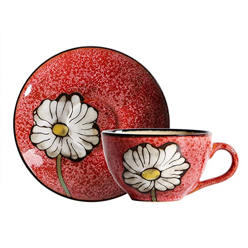 Handmade Ceramic Coffee Mug Cup and Saucer Set White Chrysanthemum Pottery Coffee Tea Cup and Saucer Set Plate Oat Milk Mug Wedding Gift