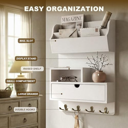 Rebee Vision Pine Wood Key Holder Wall Mount with Shelf & Drawer, White | Mail and Key Organizer, 4 Key Hooks, Stores Small Essentials, Displays a Plant, Adds Stylish, Apartment Essential Charm - color: White