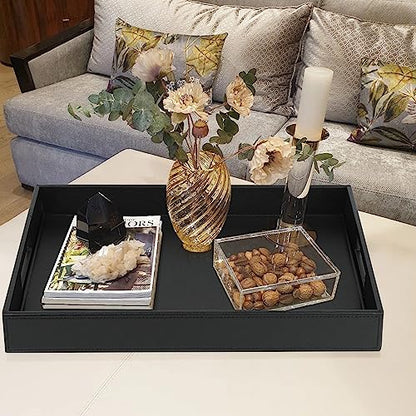 HofferRuffer Rectangle Serving Tray with Hole Handles for Coffee Table, Breakfast, Tea, Food, Butler - Countertop, Kitchen, Vanity Serve Tray, 16.2 x 12.2 x 2 inches, Faux Leather Tray (Black) - color: Black