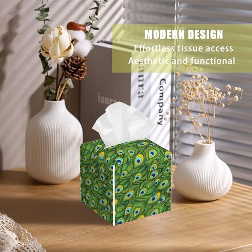 Leather Tissue Box Holder Peacock Feather Tissue Box Cover Facial Paper Case Organizer Cube Napkin Dispenser for Bathroom Vanity Countertop Night Stand Office Car - color: Peacock Feather