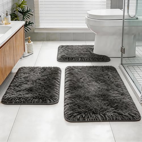 Shaggy Bathroom Rugs Set Plush Velvet Bath Rugs Non-Slip Bath Mat Set 3 Piece,Washable Mats,Absorbent Shaggy Rugs Super Soft U-Shaped Toilet Rug,Bahroom Carpets for Bathroom,Tub,Shower(Grey - color: Grey