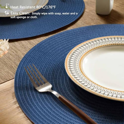 FunWheat Round Braided Placemats Set of 6 Place mats for Dining Tables Woven Heat Resistant Table Mats 15 inch (Blue,6pcs) - color: Solid Blue, size: 6pcs