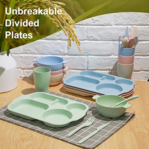 Honoson 24 Pcs Wheat Straw Dinnerware Cutlery Set, Service for 4, Unbreakable Plates and Bowls Set - Divided Plates, Bowls, Spoons, Forks & Knives, Microwave & Dishwasher Safe(Beige/pink/green/blue) - color: Beige/Pink/Green/Blue