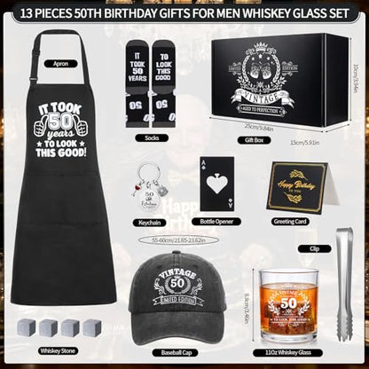 50th Birthday Gifts for Men 50th Birthday Party Supplies | Include 11 Oz Glass Stone Ice Tong Bottle Opener Cap Apron Socks Keychain Greeting Card for Him, Dad, Husband, Friends - style: 50th