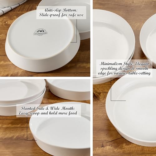 E-far Pasta Bowls, 34oz Stoneware Bowl Plate for Dinner Serving Soup Salad, Wide & Shallow Large Ceramic Pasta Plate Set of 4, Microwave & Dishwasher Safe, Speckled White, 8.7” - color: Speckled White
