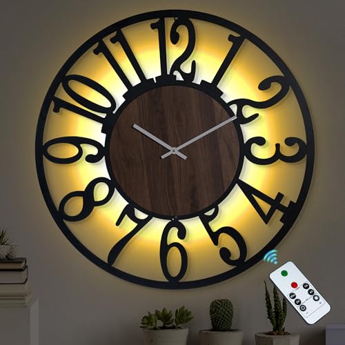 LEIKE Large Wall Clock 32'' Lighted Rustic Wood Clock with Remote Timer, Silent Battery Operated Modern Oversized Wall Clock for Living Room, Bedroom, Farmhouse, Home Decor, Large Number Display - color: Brown-arabic, size: 32 Inch