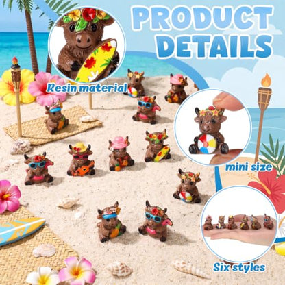 Yaomiao 60 Pcs Mini Highland Cow Figurines Resin Hawaii Highland Cow Figurines Summer Miniature Resin Gift Hawaii Decorations for Beach Hawaiian Party Favor Gift Tiered Tray Decor - style: Hawaii Highland Cow